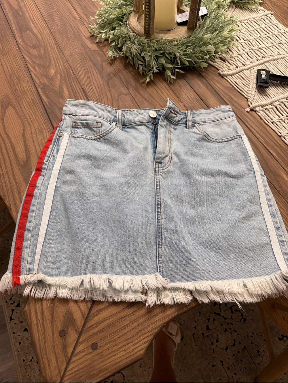 Kendall & Kylie Light Wash Denim Mini Skirt with Red and White Side Stripes